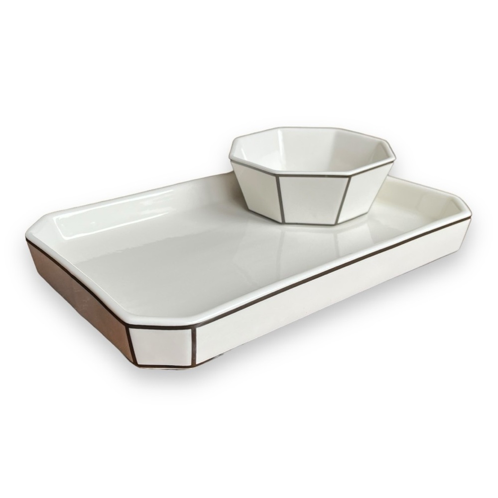 Odeme White Porcelain Catchall and Ring Dish with Geometric Slate Black Edges
